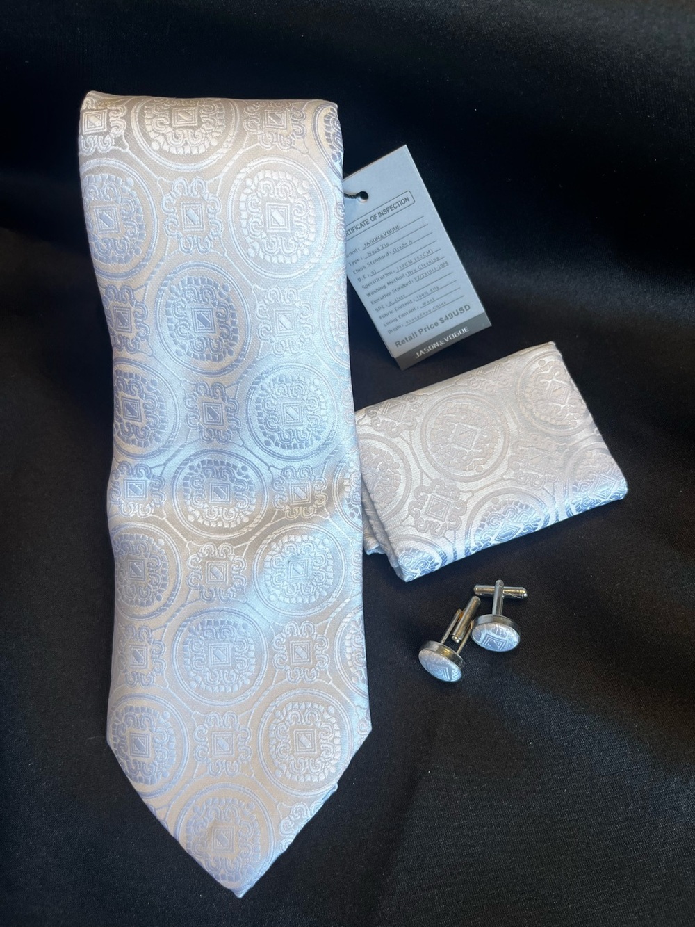Men's Light Silver Paisley Jacquard Tie Set with Pocket Square & Cufflinks